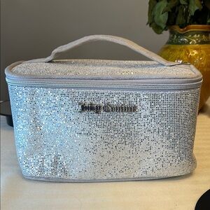 JUICY COUTOURE Bling Sparkling Silver Makeup Cosmetic Train Bag & Travel Bottle